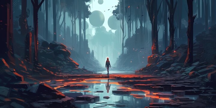 Woman walks on a branch on a stream and looks at the monoliths in the forest, digital art style, illustration painting