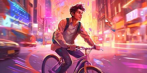 Young man riding a bicycle with a colorful energy, digital art style, illustration painting