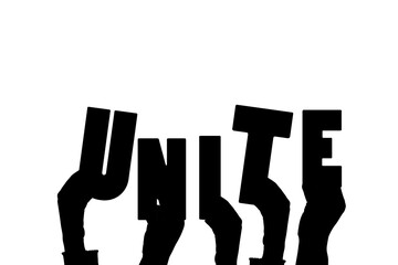 Digital png illustration of hands with unite text on transparent background