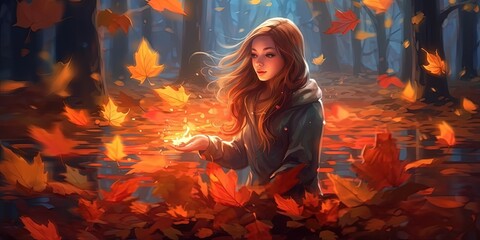 Young woman collecting the glowing leaves that falling from the trees, digital art style