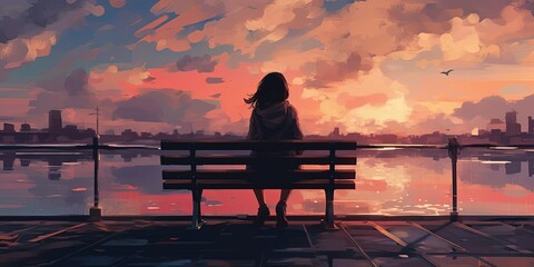 Young woman sitting on a bench against beautiful sky, digital art style, illustration painting