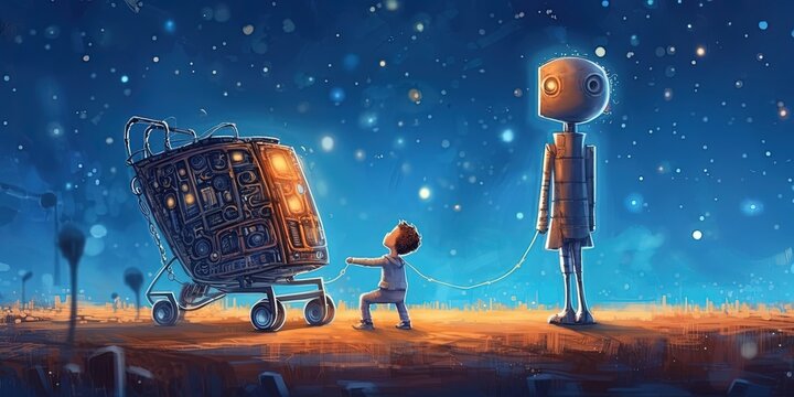 Young robot looking at baby in a stroller against starry sky, digital art style, illustration painting
