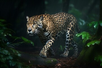 Jaguar walking through the forest emitting green lights. Generative AI
