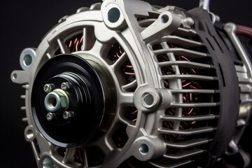 Detailed view of a recently manufactured vehicle alternator. Generative AI