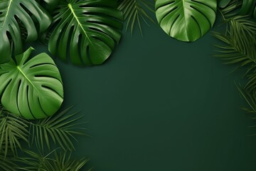 Monstera leaf flat lay border with space for text. Horizontal frame. Generative AI
