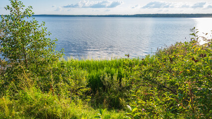 Air sunny summer landscape with large river, far forest under blue sky with white clouds. Natural...