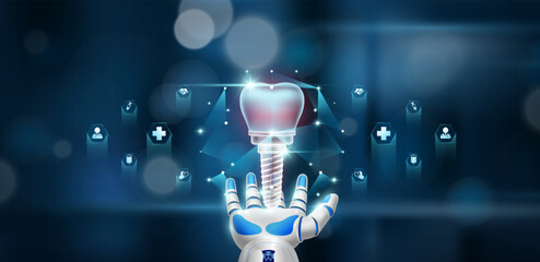 Dental implant inside cube float in doctor robot hand. Health care system innovative technology medical futuristic AI artificial intelligence cybernetic robotics. Bokeh light background. Vector.