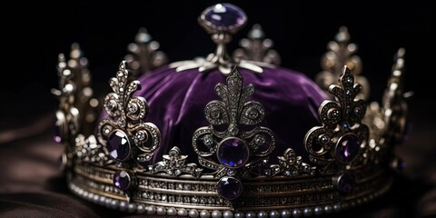 A silver crown with a purple stone on top of it