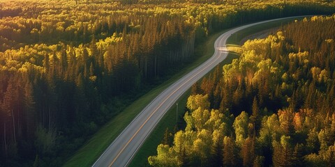 Aerial View of Highway through Forest, Manitoba, Canada