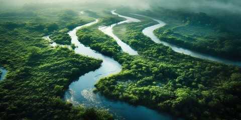 Aerial view of the Congo River winding through mangrove swamps near the mouth of the river.