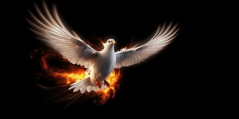 AI generated Flying white dove with fire effect on dark background. Symbol of peace.