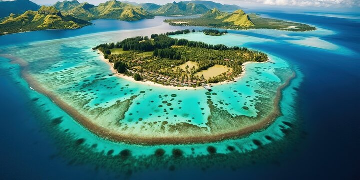 An aerial view of the shores of Tubuai Island of French Polynesia.