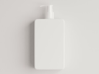 Cosmetic white glossy dispenser bottle mockup with copy space for logo, text or design on a plain white background as a flatlay. 3d rendering.
