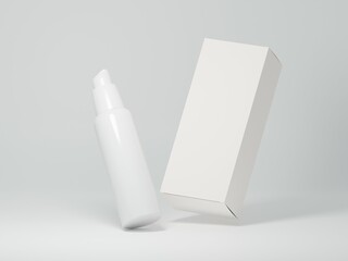 Floating glossy pump container mockup with packaging box and editable labels space on a plain white background as 3d rendering.