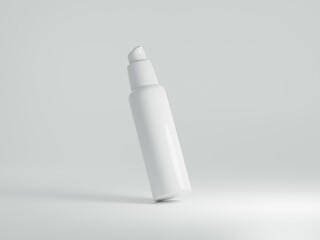 White bottle with press pump for mockup concept with packaging box and blank space for logo on a plain white background as 3d rendering.