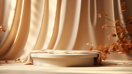 Modern and luxury empty beige round podium with brown curtain and autumn leaves in beige room with shadow light background. Elegant scene for product photography, AI Generative - obrazy, fototapety, plakaty