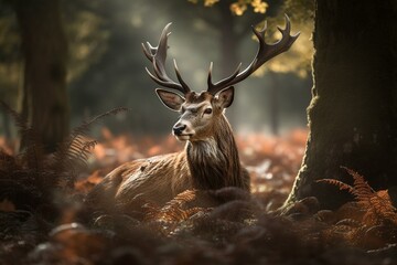 A stunning deer with magnificent antlers in a sun-drenched woodland. Generative AI