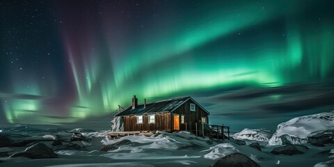 Auroras over Captain Scott's Terra Nova Hut at Cape Evans, Antarctica.