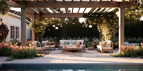 Backyard living space with outdoor furniture next to pool under a pergola
