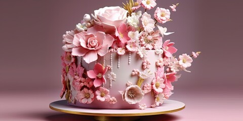 Big, beautiful, pink cake decorated with flowers