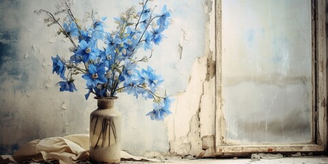 Blue flowers in glass vase on old white cracked windowsill