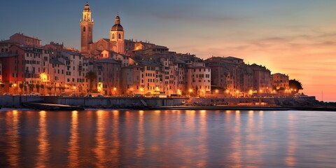 Obraz premium Bogliasco, Genoa, Italy Skyline on the Water at Dusk