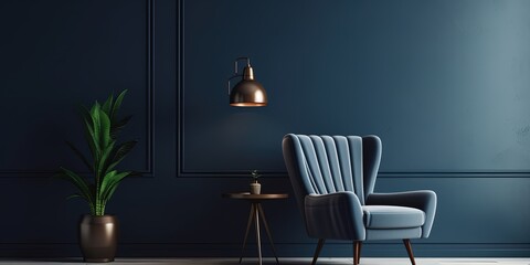 Chair with lamp in living room interior, dark blue wall mock up background