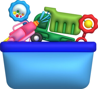 Kids toys box vector baby container with toyshop Water gun ,rattles ,piano keyboard set illustration
