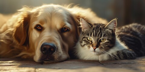 Close up, cat and dog together lying. Animals friendship