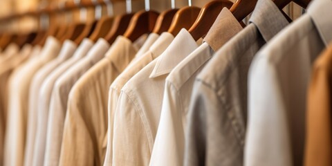Close up of men's shirts of neutral tones on hanger in clothing store..