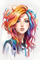 Naklejka premium Cute young woman portrait with colorful hair, watercolor portrait, isolated on white background.