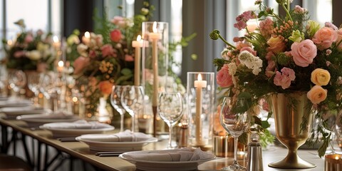 Fototapeta na wymiar Close up of wedding reception table setting with flower arrangements
