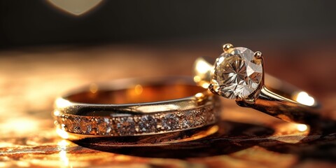 Closeup shot of two diamond rings on a golden surface.