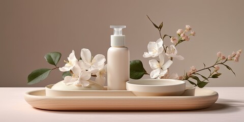 Cosmetics skin care product presentation scene made with empty wooden tray and white flowers