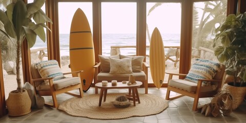 Cozy wooden armchairs with cushions and fruit basket on surfing board in interior of living room