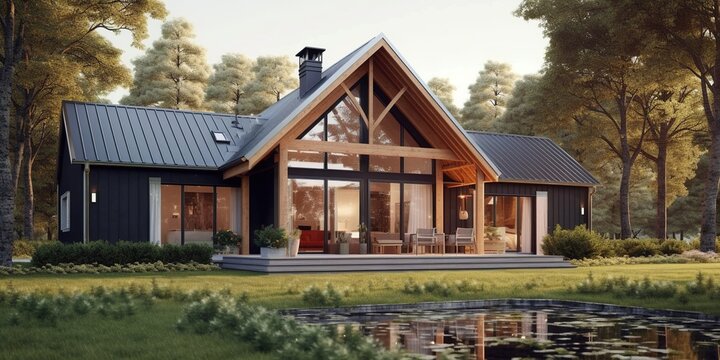 Country home with garden and grass lawn, luxury scandinavian exterior. distinct generative AI image.