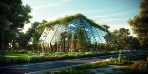Obraz premium Eco - friendly glass business building with natural landscaping. AI generated, human enhanced