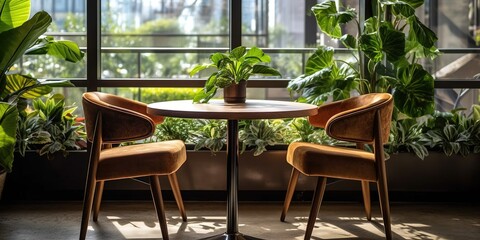 Empty chairs table and green plants next to cafeteria window indoors