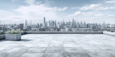 Empty concrete floor on rooftop with city background.