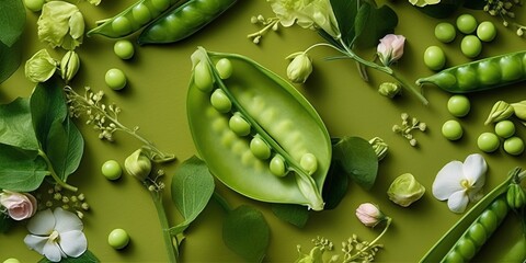 fresh green peas background with pea pods and flower on top - obrazy, fototapety, plakaty