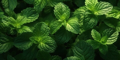 Fototapeta na wymiar Fresh mint growing in the garden, high angle shot