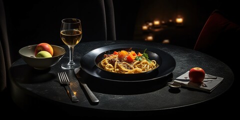 Table in restaurant with leftover food on black plate