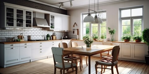 Table with drawers in interior of stylish kitchen