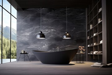 Interior of modern bathroom with black marble walls, concrete floor, comfortable black bathtub standing near black mirror and sink