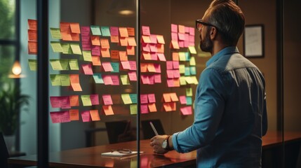 Fototapeta premium businessman is looking and analyzing sticky note on brainstorming board of his business office.