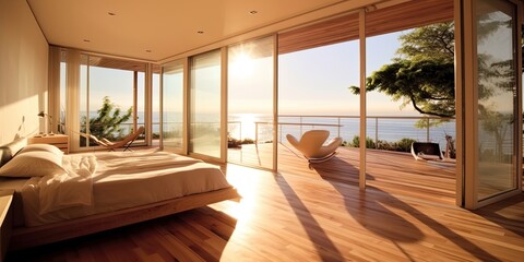 The modern wooden floor bedroom home interior design with large glass windows to sea view.