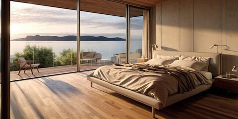 The modern wooden floor bedroom home interior design with large glass windows to sea view.