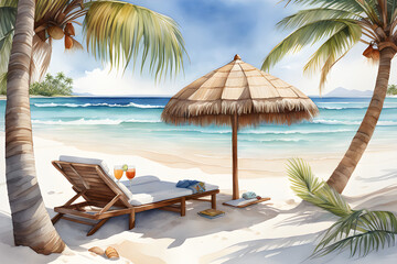 Fototapeta na wymiar Enjoy your vacation under the shade of palm trees on a beautiful beach. Generative AI