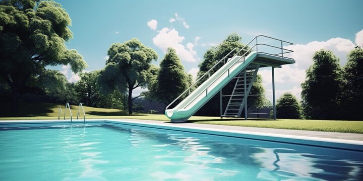 Swimming pool with a diving board, featuring a deep end for safe diving and splash - worthy fun