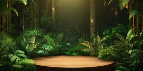 Obraz premium Wooden podium in tropical forest for product presentation and green background.